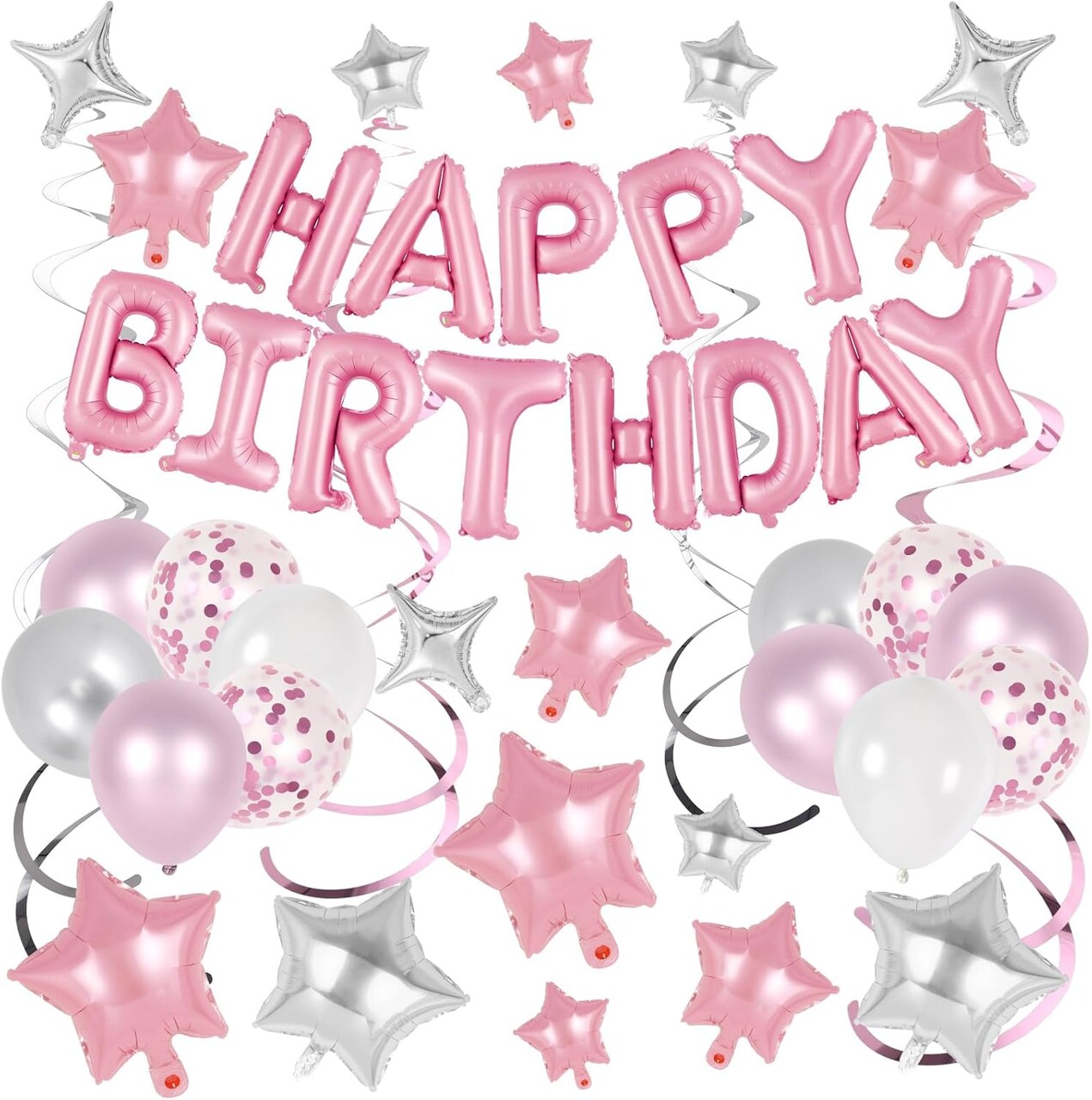 55 Pcs Happy Birthday Balloon Set – Pink Foil Letters, Star Foil Balloons, Latex Balloons & Hanging Swirls – Party Decorations for Women, Men, Boys & Girls (Pink)